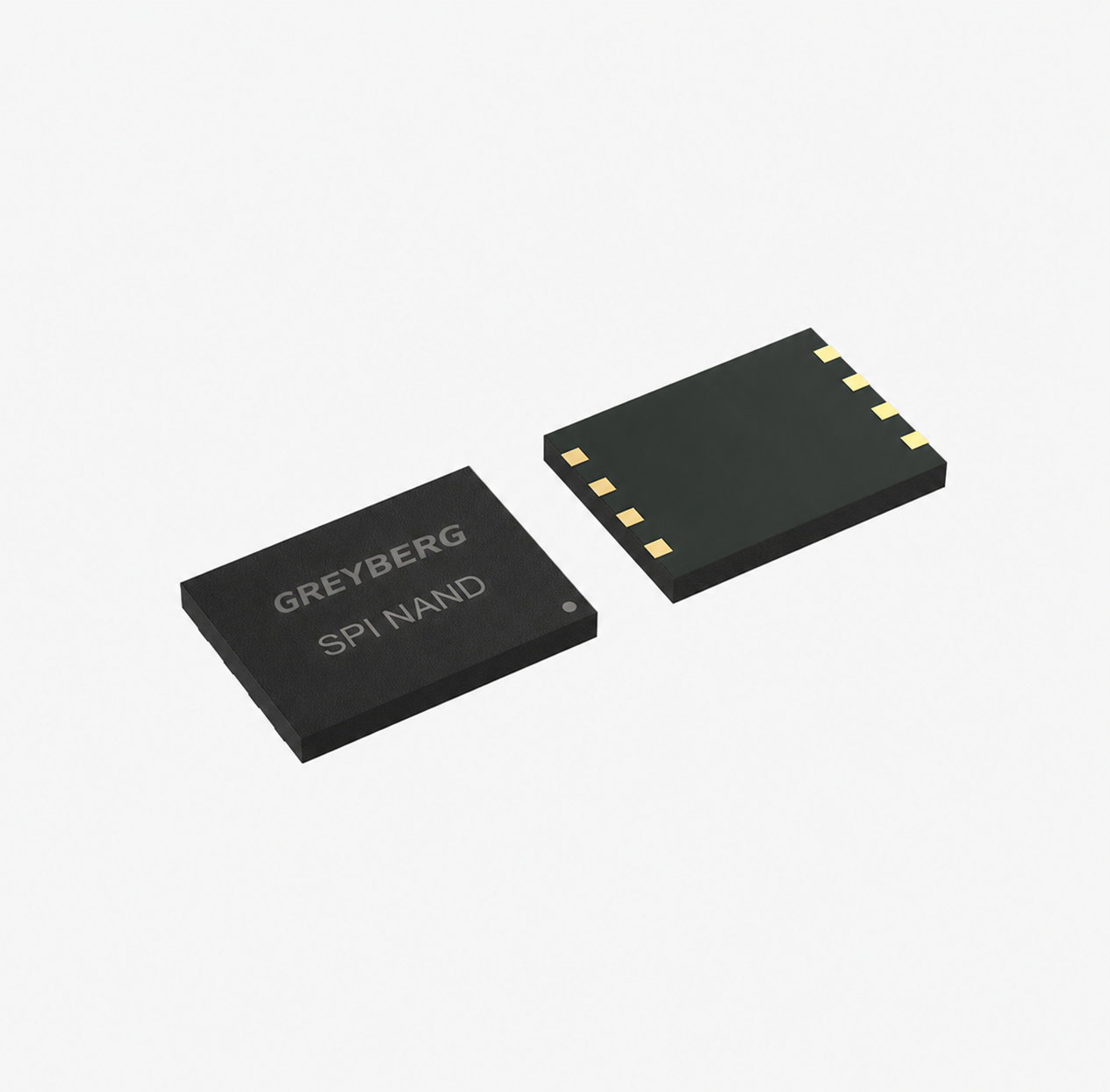 GREYBERG spi-nand product illustration showing package top and underside